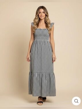 Gingham Square Neck Maxi Dress - Black & White